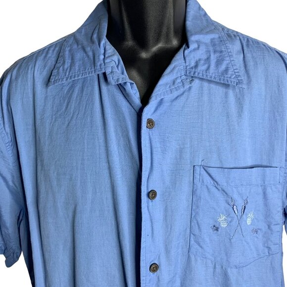 Marlin Trading Embroidered Button Up Camp Shirt L Blue Short Sleeves Pocket - Picture 2 of 7